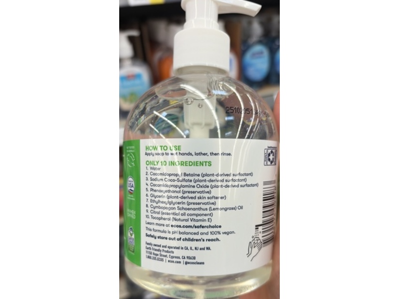 Ecos Plant Powered Hand Soap, Lemongrass, 17 fl oz/503 mL