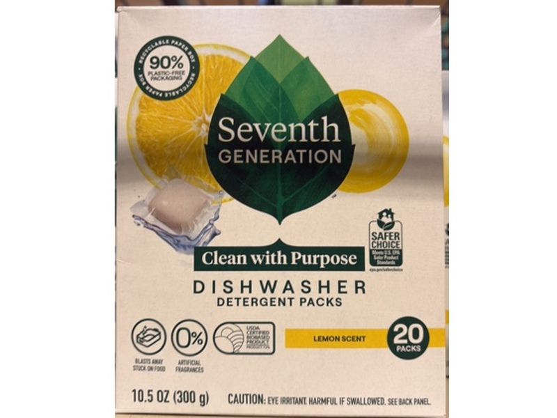 Seventh Generation Dishwasher Detergent Packs, Lemon Scent, 10.5 oz/300 g, 20 Packs