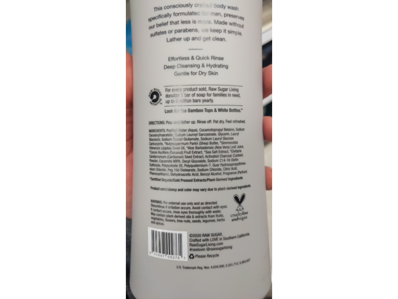 Raw Sugar Men Body Wash, Black Coconut+Sea Salt, 25 fl oz/740 mL