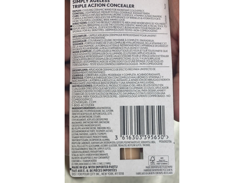 Covergirl Simply Ageless Triple Action Concealer, 330 Buff Beige, 0.24 fl oz/7.3 mL