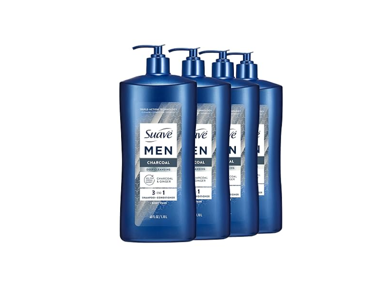 Suave Men Deep Cleansing 3-In-1 Shampoo + Conditioner, Charcoal, 40 fl oz/1.18 L, Pack Of 4