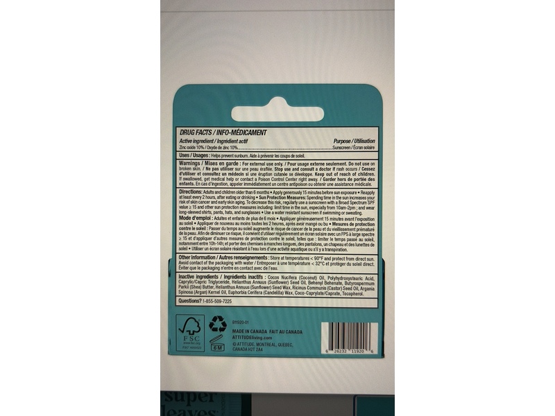 Attitude Super Leaves Lip Balm, Unscented, SPF 15, 0.14 oz/4.25 g, Pack Of 2