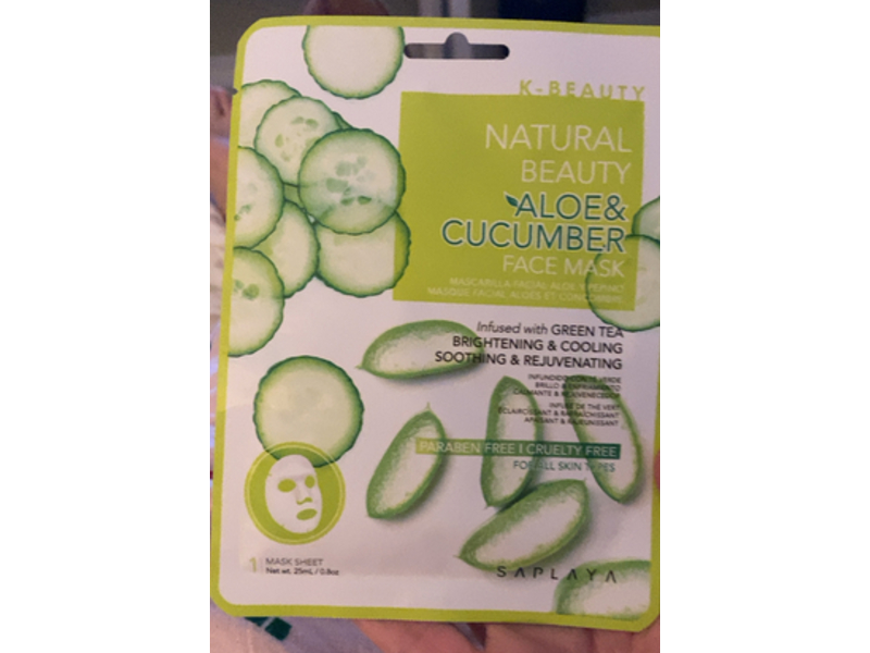 Saplaya Face Mask Sheet, Aloe & Cucumber, 0.8 oz/25 mL