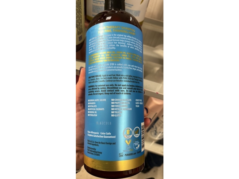 Pura D'or Hair Therapy Shampoo, Aloe Vera Formula, 33.8 fl oz/1 L