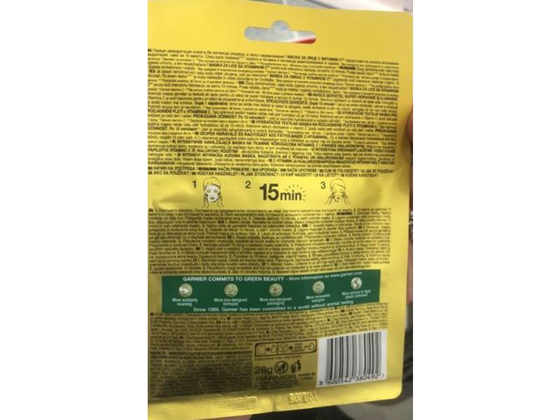 Garnier Vitamin C Sheet Mask, Vitamin C + Hyaluronic Acid, 28 g