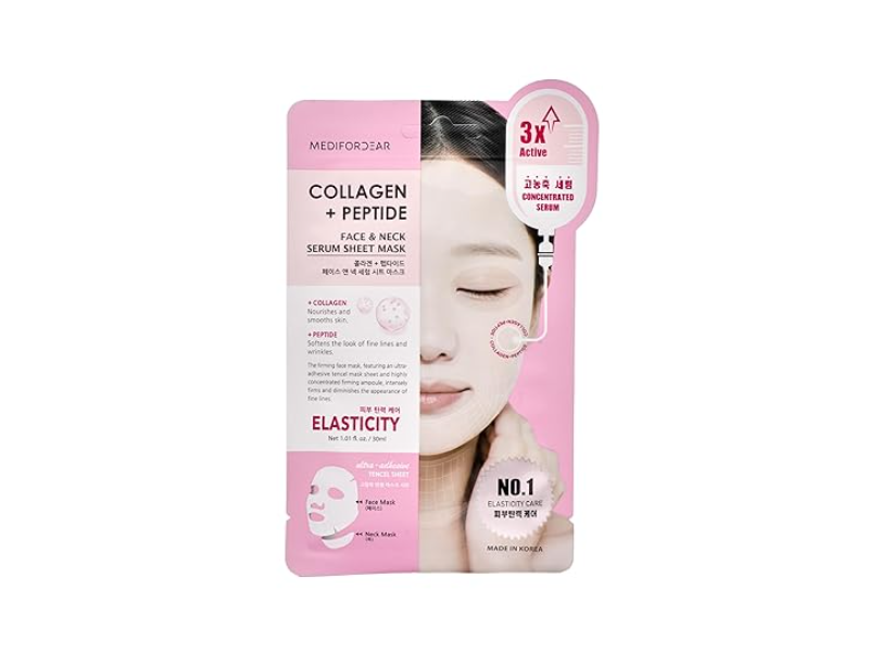 Medifordear Face & Neck Serum Sheet Mask, Collagen + Peptide, 1.01 fl oz/30 mL, 5 Count