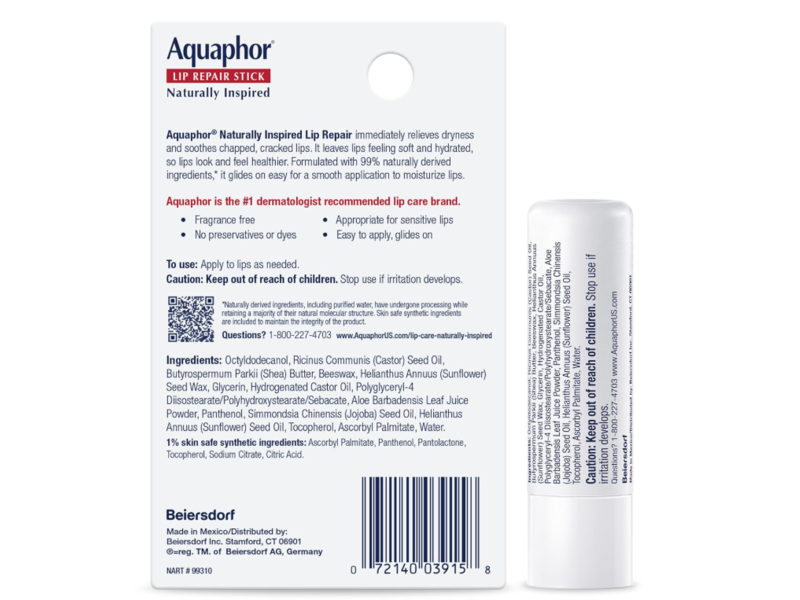 Aquaphor Lip Repair Stick, Aloe Vera & Shea Butter, 0.17 fl oz/4.8 g