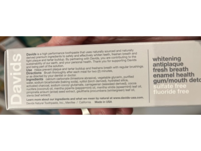 Davids Whitening + Antiplaque Toothpaste, Natural Mint + Charcoal, 1.75 oz/50 g, Pack Of 3