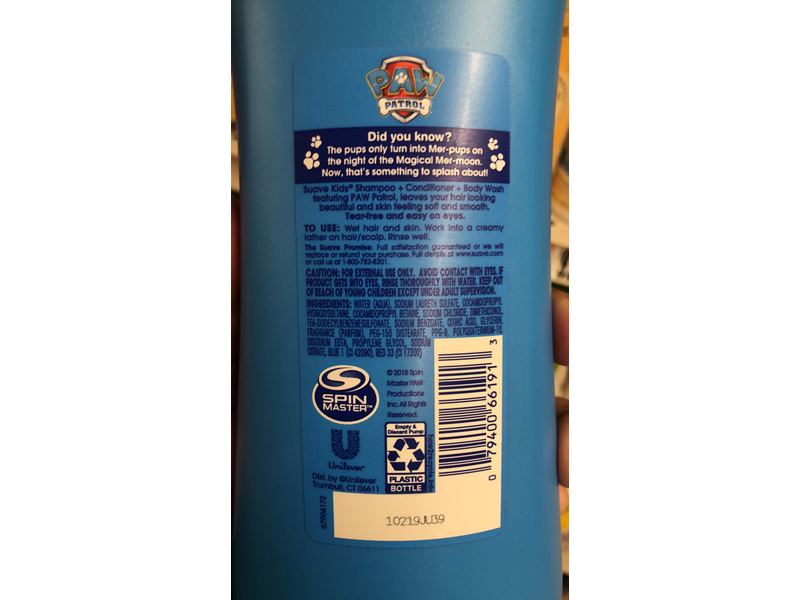 Suave Kids Paw Patrol 3-in-1 Shampoo, Conditioner, Body Wash, Adventure Bay Breeze, 28 fl oz/828 mL