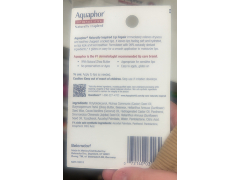 Aquaphor Lip Repair Stick, Coconut Oil, 0.17 oz/4.8 g, Pack Of 2