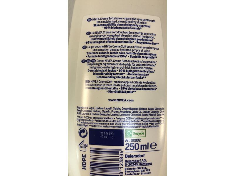 Nivea Pure Care Shower Cream, Creme Soft, Natural Almond Oil, 250 mL