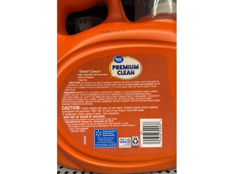 Great Value Premium Clean Original Laundry Detergent, 100 Loads, 132 fl oz/3.9 L