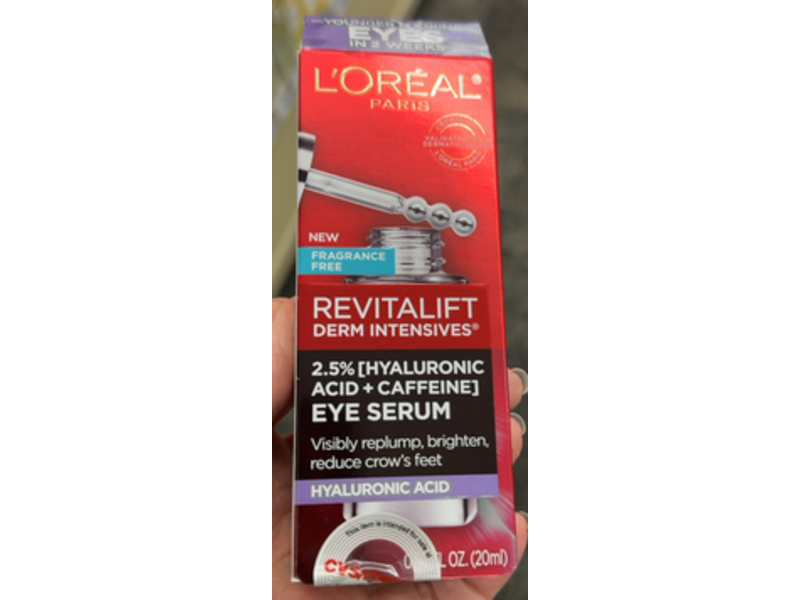 L'Oreal Paris Revitalift Derm Intensives Eye Serum, Hyaluronic Acid + Caffeine, 0.67 fl oz/20 mL