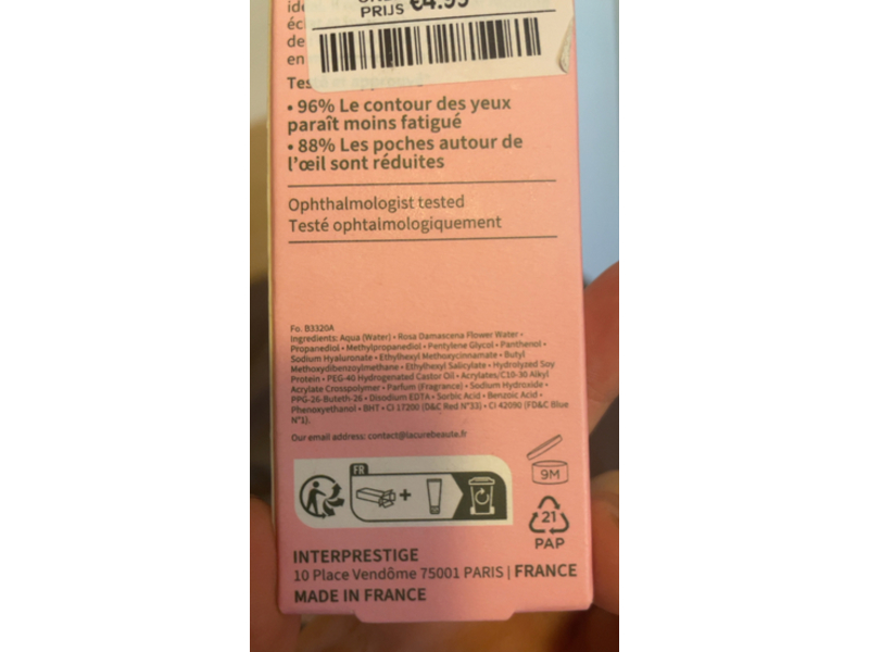 LaCure Beaute Paris Anti-Stress Eye Gel, Rose Water, 0.45 oz/15 mL