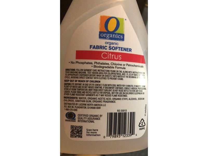 Organics Fabric Softener, Citrus, 32 fl oz/946 mL