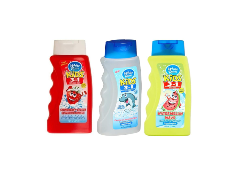 White Rain Kids 3 In 1 Shampoo + Conditioner + Body Wash, Strawberry Splash + Pure Splash + Watermelon Wave, 12 fl oz/354 mL, Set Of 3