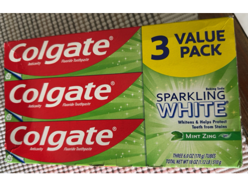 Colgate Sparkling White Toothpaste Gel, Mint Zing, 6.0 oz/170 g, Pack Of 3