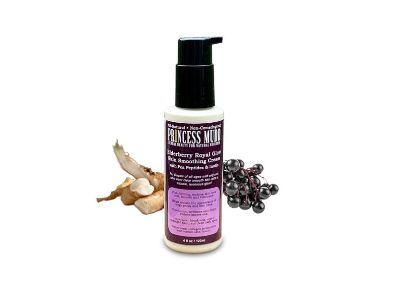 Princess Mudd Elderberry Royal Glow Skin Smoothing Cream, Pea Peptide & Inulin, 4 fl oz/120 mL