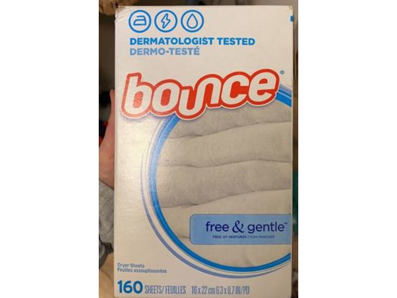 Bounce Fabric Softener Dryer Sheets, Free & Gentle, 160 Count.