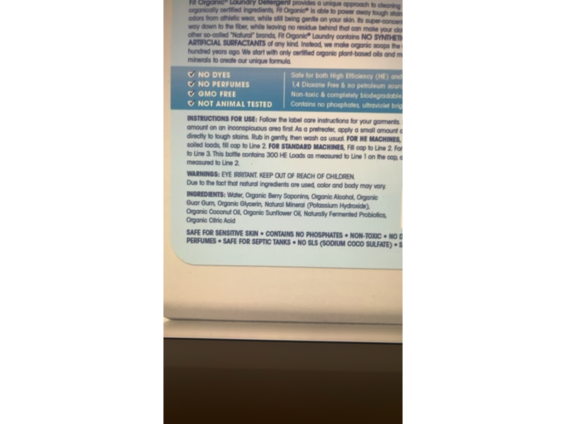 fit Organic Laundry Detergent, 300 HE Loads, 200 fl oz (2.96 L)