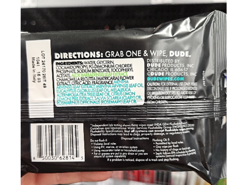 Dude Flushable Wipes, Mint Chill, 18 Count