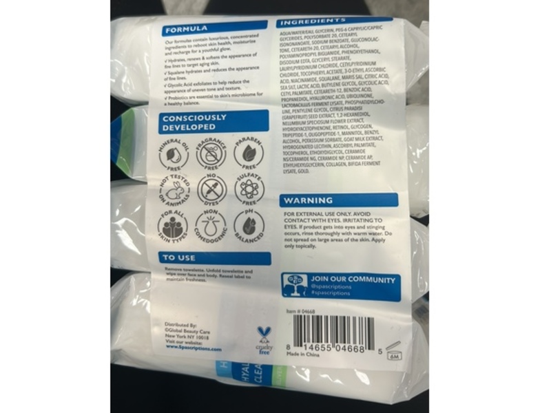 Clinicals By Spascriptions Hydrating Cleansing Wipes, Hyaluronic Acid + Glycerin, 30 Count