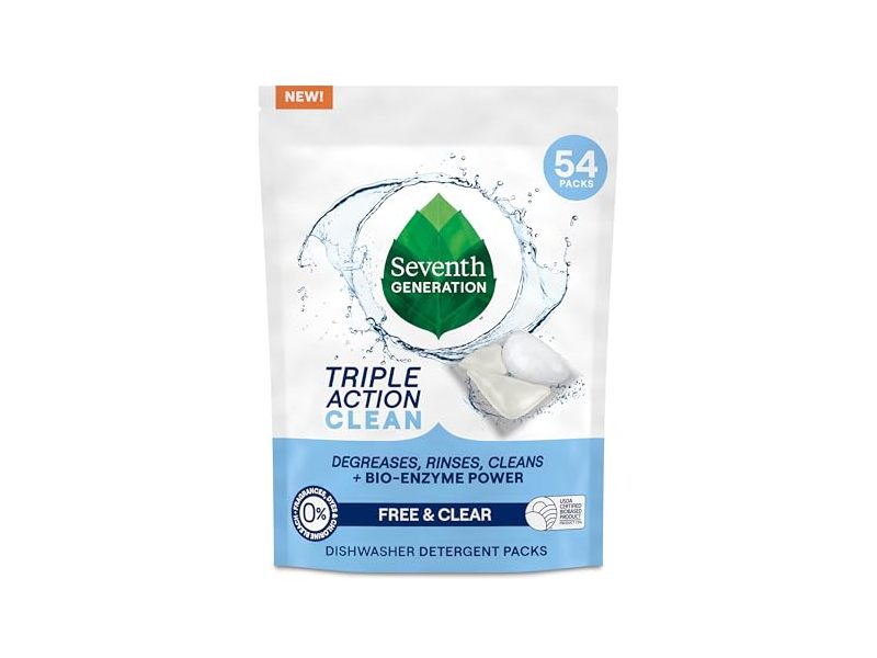 Seventh Generation Triple Action Clean Dishwasher Detergent Packs, Free & Clear, 30.2 oz/858 g, 54 Count
