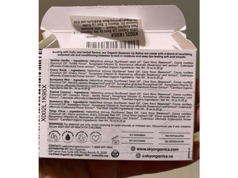 Sky Organics Beeswax Lip Balm, 0.15 oz, Pack Of 6