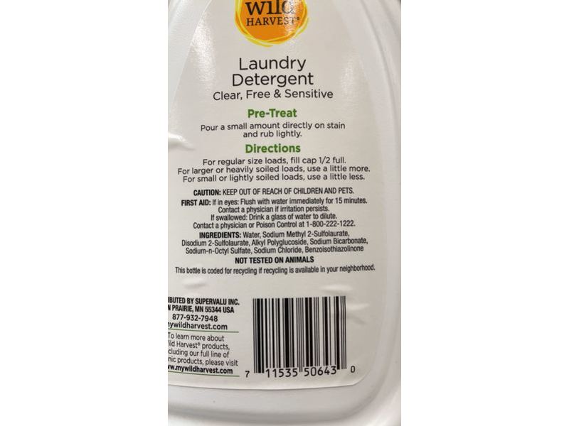 Wild Harvest Laundry Detergent, Free, Clear & Sensitive, 33 Loads, 50 fl oz/1.47 L