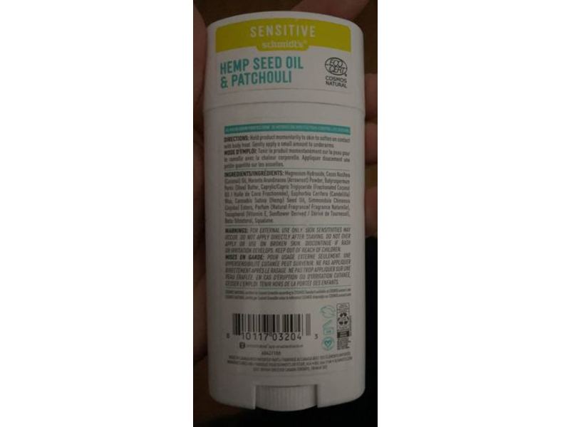 Schmidt's Sensitive Natural Deodorant, Hemp Seed Oil & Patchouli, 3.25 oz