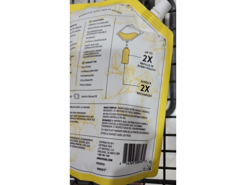 J.R. Watkins Dish Soap Foam & Spray Refill, Lemon, 32 fl oz/946 mL