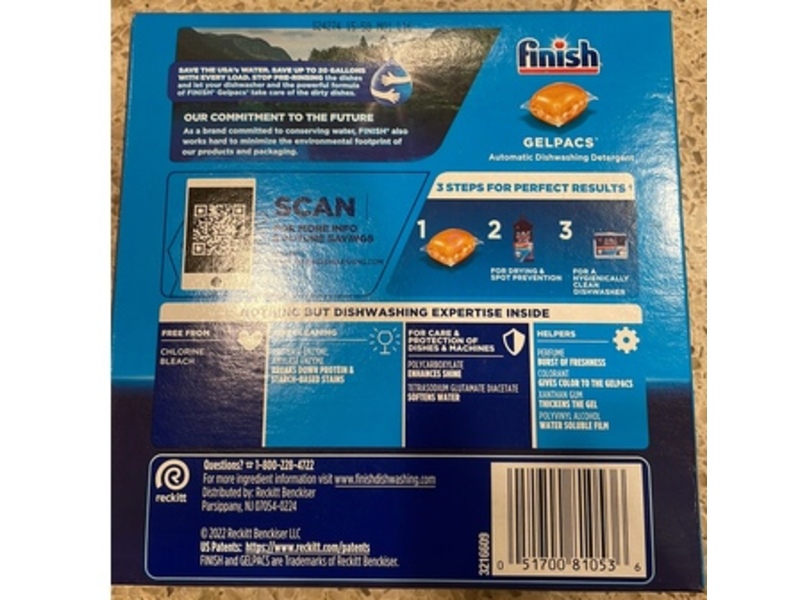 Finish Automatic Dishwasher Detergent Gel Pacs, Orange Scent, 18.6 oz/528 g, 32 Count