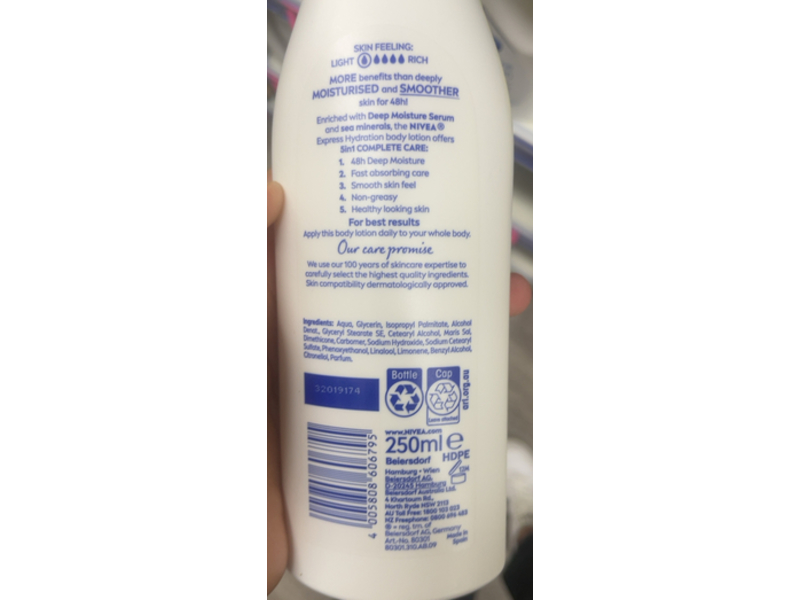 Nivea Body Lotion Express Hydration, 5 In 1 Complete Care, Normal to Dry Skin, 250 mL