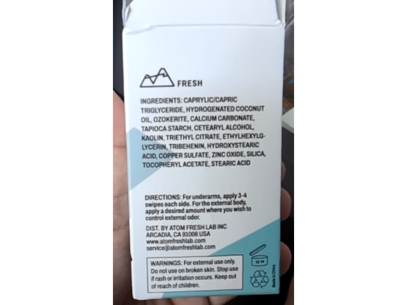 Atom Fresh Natural Deodorant, Fresh, 2.3 oz/64 g