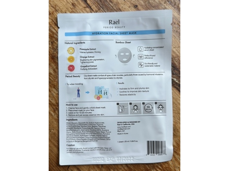 Rael Hydration Facial Sheet Mask, 0.84 fl oz/25 mL