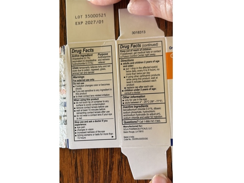 Sola Pharmaceuticals Olopatadine HCL Ophthalmic Solution 0.1%, 0.17 fl oz/5 mL