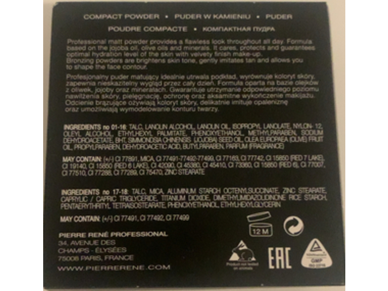 Pierre Rene Professional Compact Powder, 18 WARM BRONZE, 0.28 oz/8 g