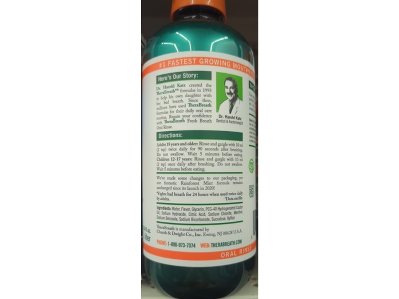 TheraBreath Fresh Breath Oral Rinse, Rainforest Mint, 33.8 fl oz/1 L