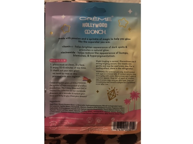 The Crème Shop x ONCH x Hollywood Printed Essence Sheet Mask, Superstar Glow, 0.88 oz/25 g