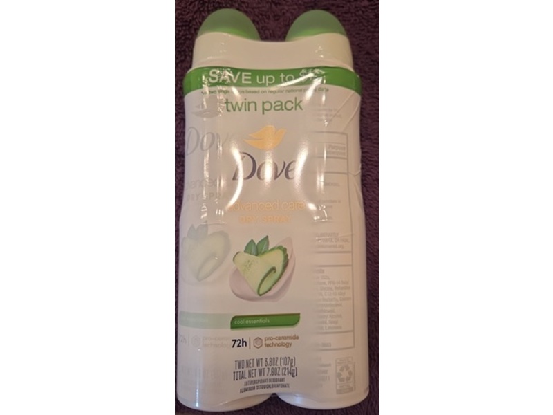 Dove Advanced Care Dry Spray Antiperspirant Deodorant Twin Pack, Cool Essentials, 3.8 oz/107 g