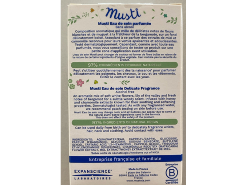 Mustela Musti Eau de Soin Baby Spray, Alcohol Free ,1.69 fl oz/50 mL