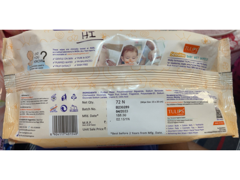 Tulips Sensitive Baby Wet Wipes, Peach Fruit, 72 Count, Pack Of 2