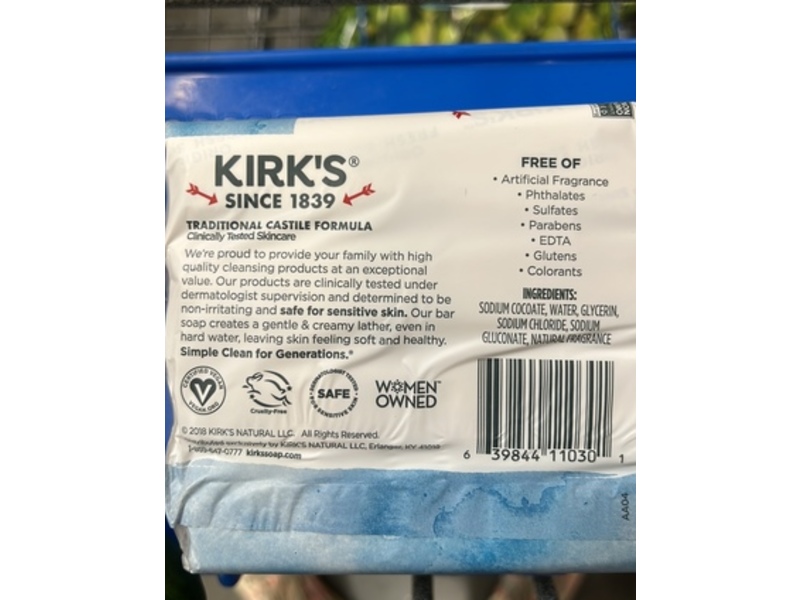 Kirk's Since 1839 Castile Soap, Fresh Scent, 4 oz/113 g, Pack Of 4