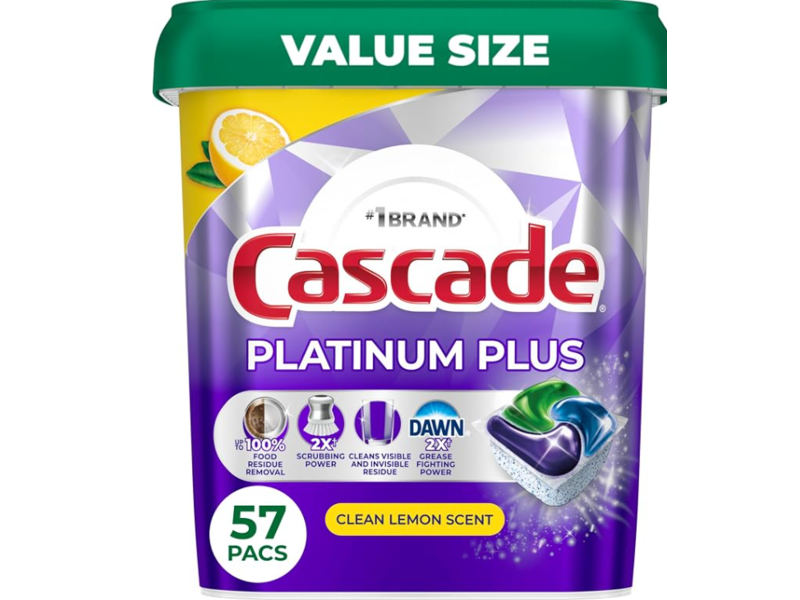 Cascade Platinum Plus Dishwasher Detergent Pacs, Clean Lemon Scent, 32.2 oz/914 g , 57 Count