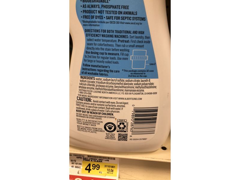 Open Nature Laundry Detergent, Free & Clear, 32 Loads, 50 fl oz/1.47 L