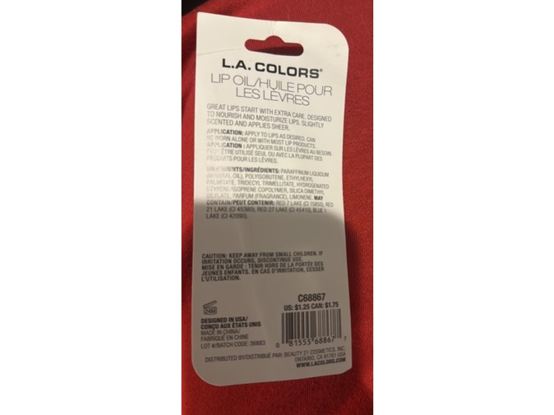 L.A. Colors Lip Oil, Dragonfruit, 0.11 oz/3 g