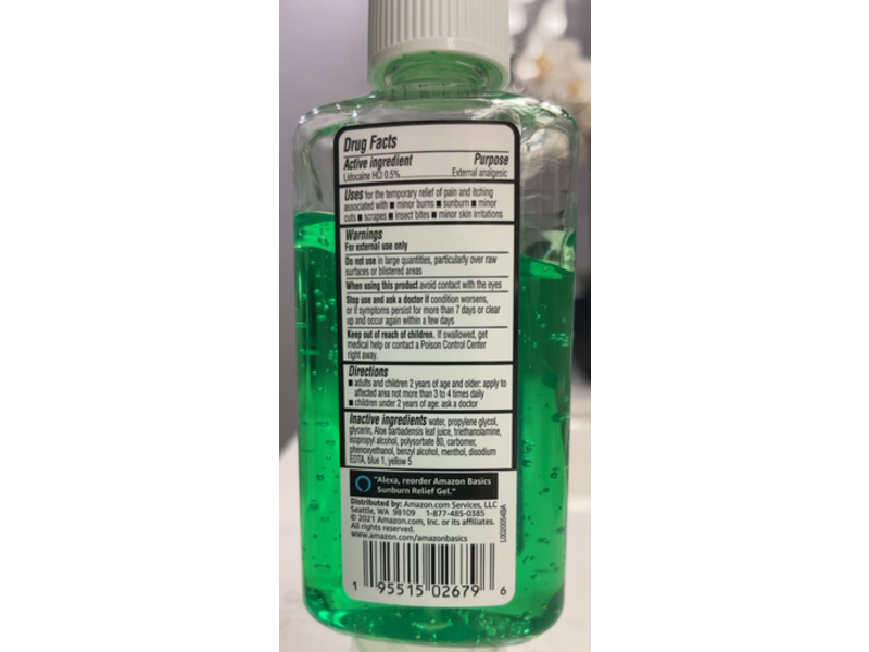 Amazon Basics Sunburn Relief Gel, Aloe Vera & Lidocaine, 8 oz/226 g