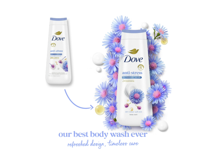 Dove Anti-Stress Body Wash, Blue Chamomile & Oat Milk, 20 fl oz/591 mL, Pack Of 4