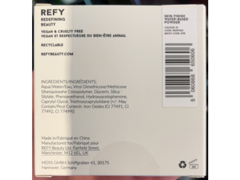 Refy Skin Finish Water Based Powder, 01 Light Medium, 0.92 oz/26 g