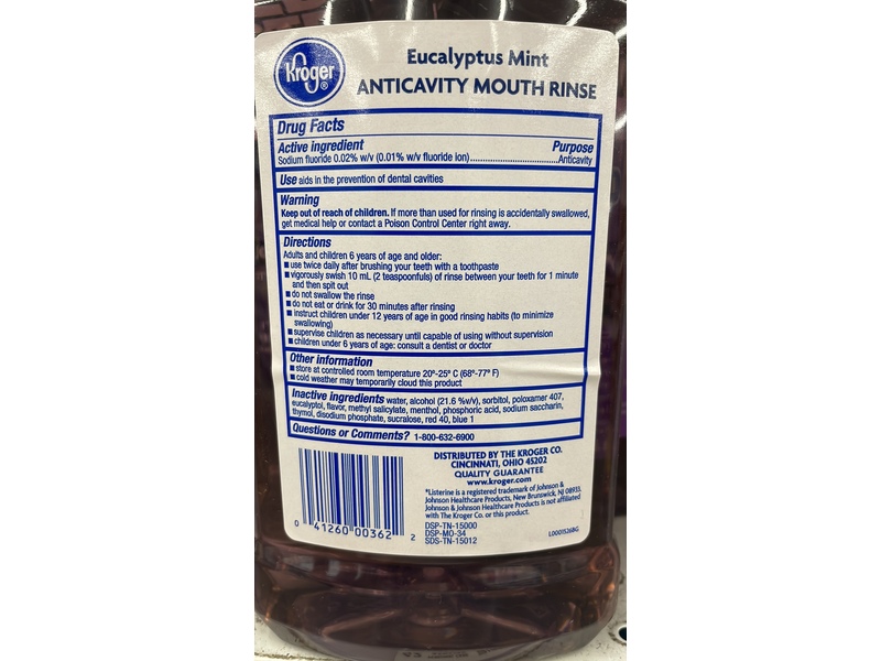 Kroger Anticavity Mouth Rinse, Eucalyptus Mint, 33.8 fl oz/1 L